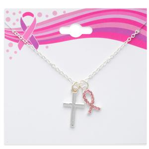 Breast Cancer Awareness Cross & Ribbon Rhinestone Charm Necklace alternate view