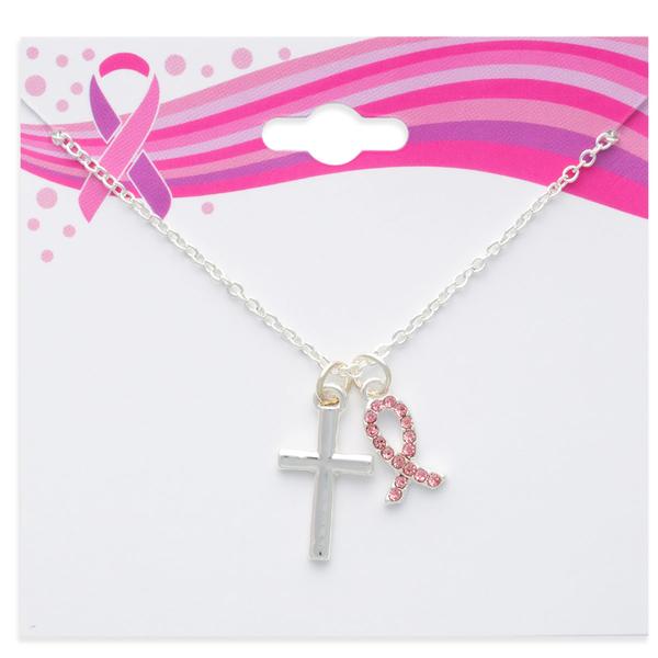 Breast Cancer Awareness Cross & Ribbon Rhinestone Charm Necklace alternate view
