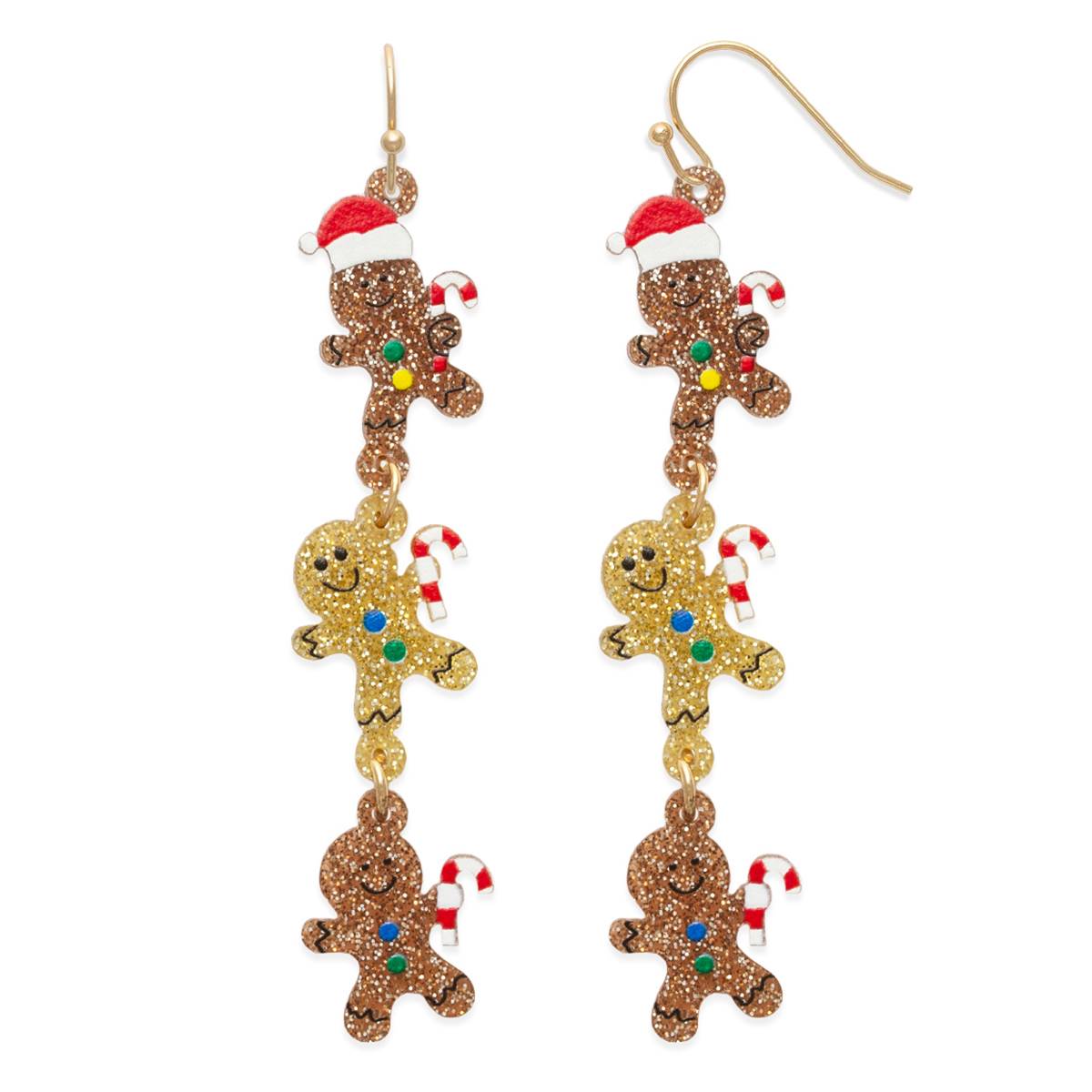 Triple Gingerbread Man Glitter Christmas Dangle Earrings