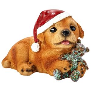 Resin Dog w/ Santa Hat & Teddy Bear