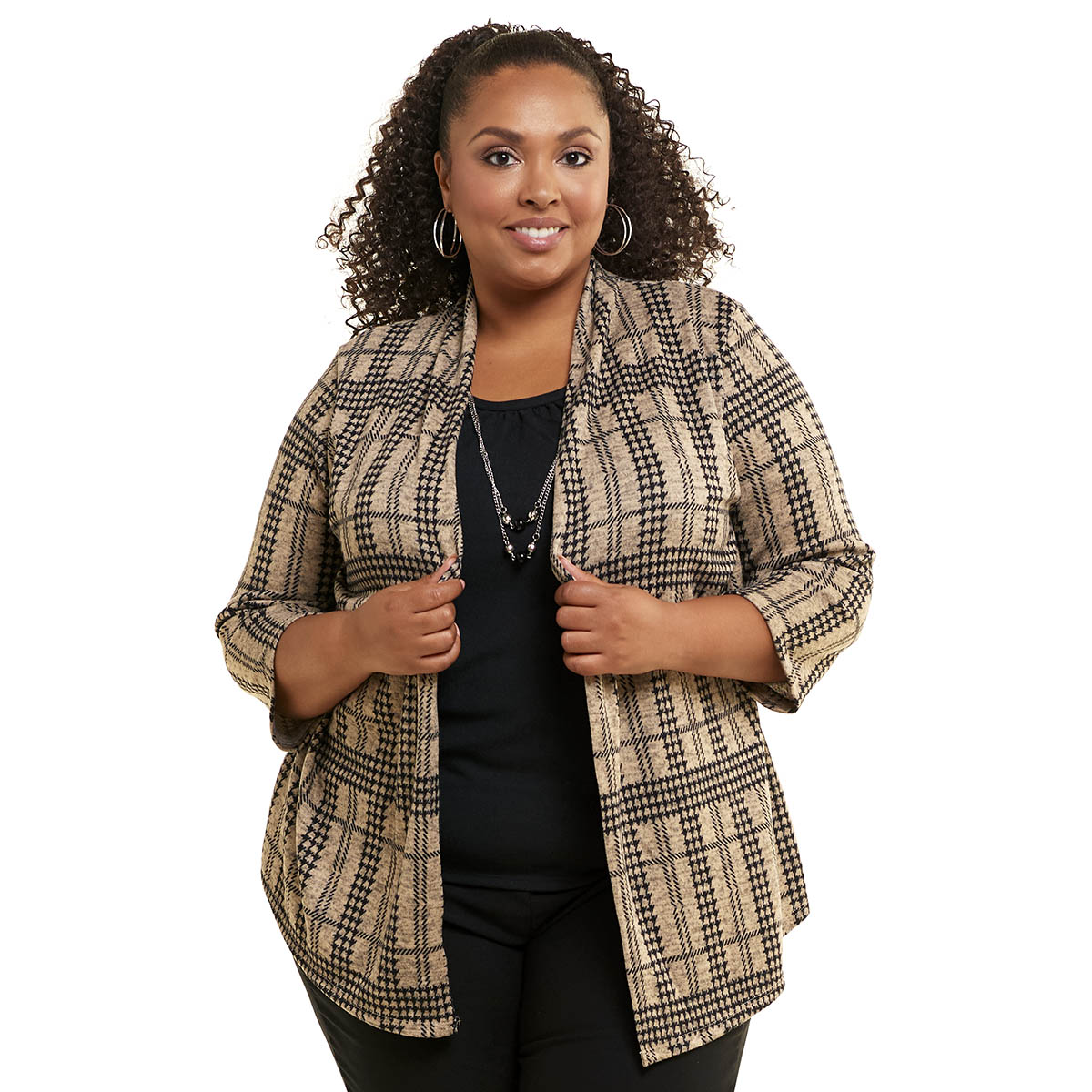 Plus Size Notations 3/4 Sleeve Houndstooth Two In One Blouse