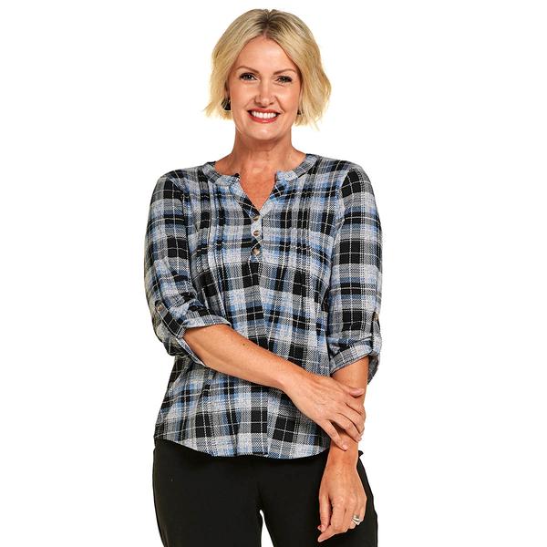 Womens Notations 3/4 Sleeve Plaid Pleat Blouse - Blue Black Grey