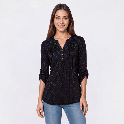Womens Notations 3/4 Sleeve Plaid Pleat Blouse - Diamond