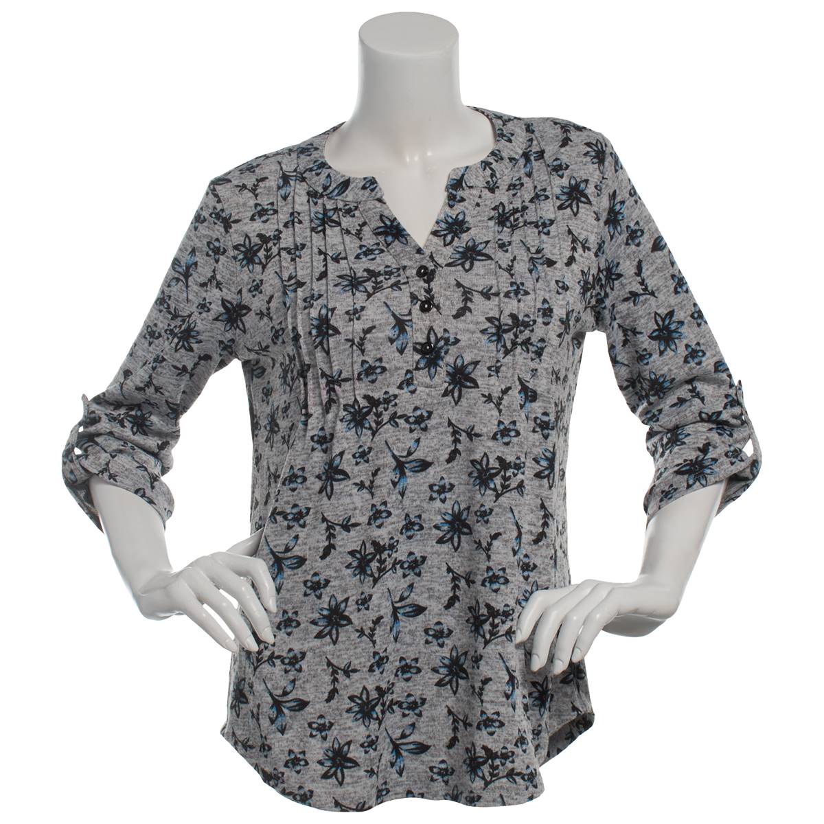 Womens Notations 3/4 Roll Sleeve Floral Smocked Blouse