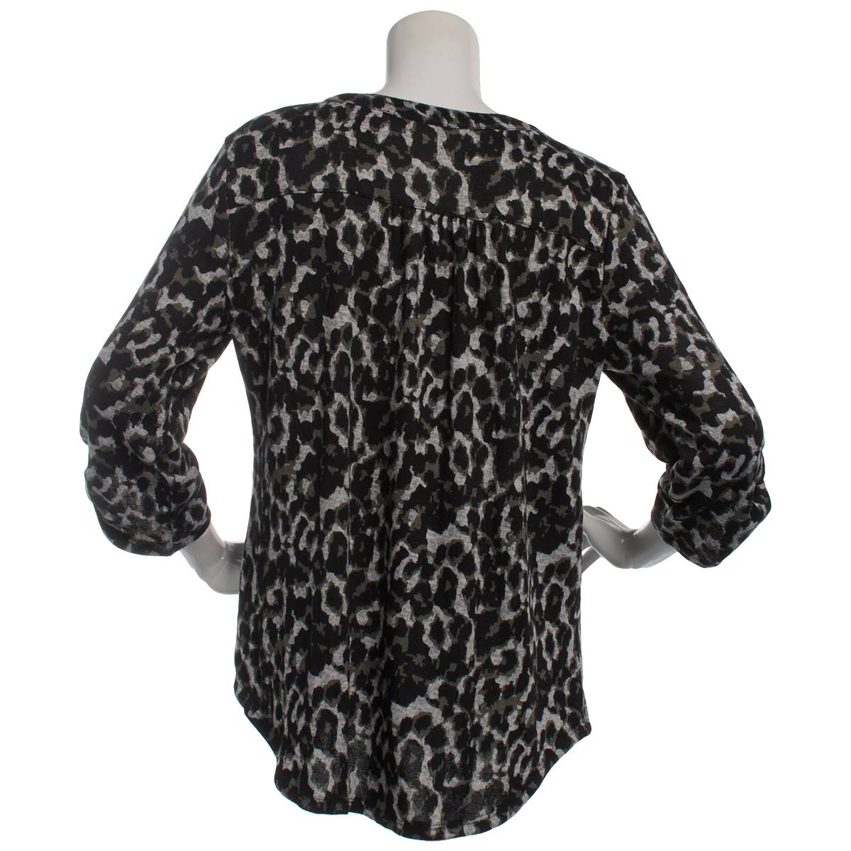 Womens Notations 3/4 Roll Sleeve Abstract Animal Smocked Blouse