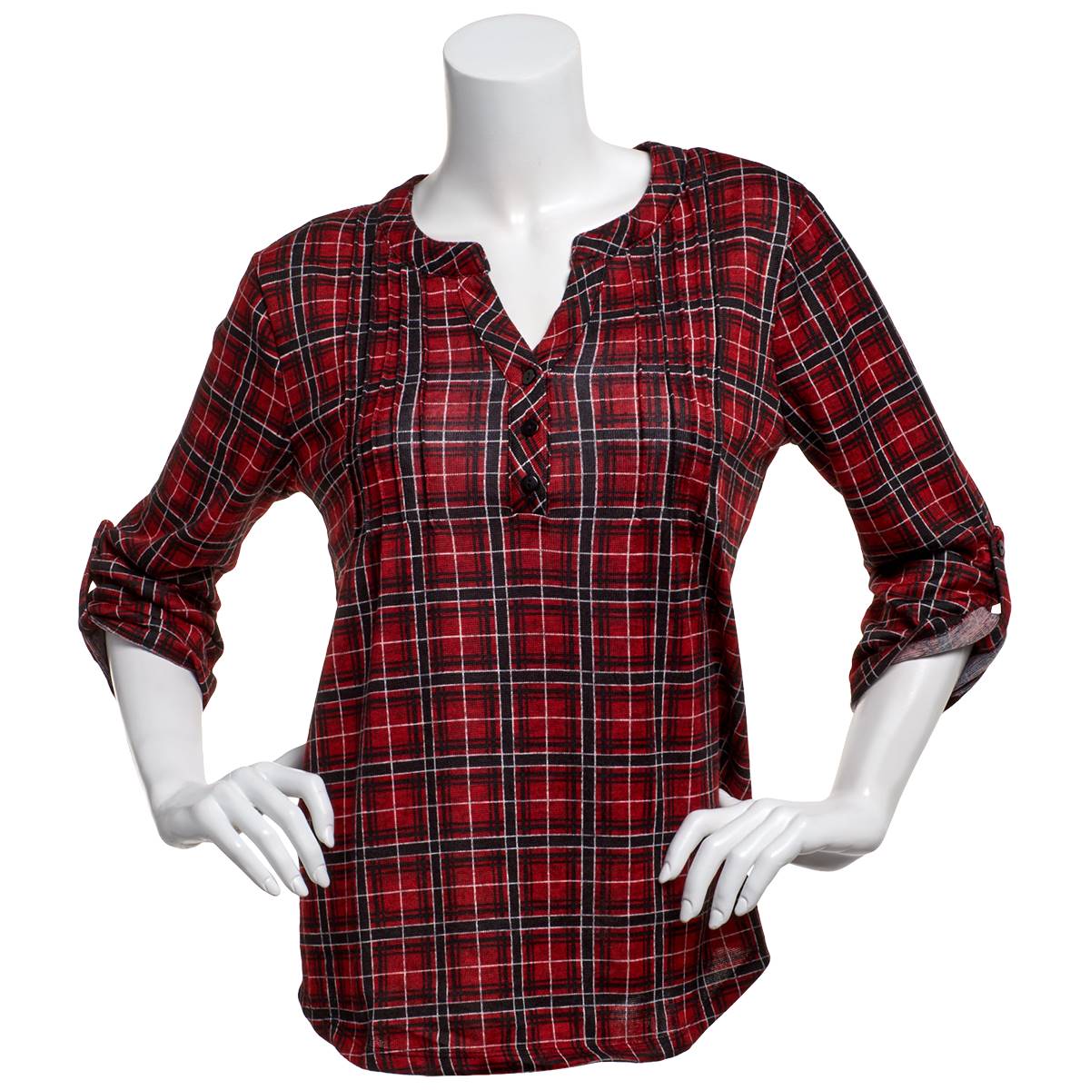 Womens Notations 3/4 Sleeve Plaid Pintuck Yoke Placket Blouse