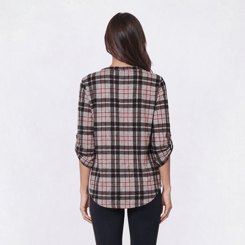 Petite Notations 3/4 Sleeve Plaid Blouse - Black/Red/Grey alternate view