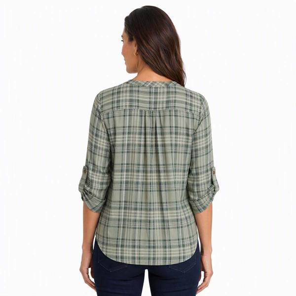 Womens Notations 3/4 Sleeve Plaid Pleat Blouse - Sage alternate view