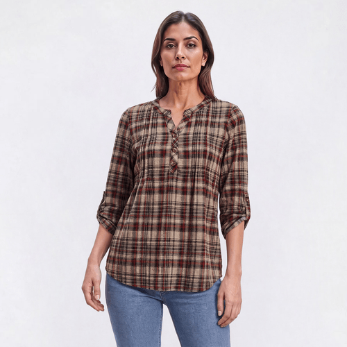 Womens Notations 3/4 Sleeve Plaid Henley Pleated Blouse