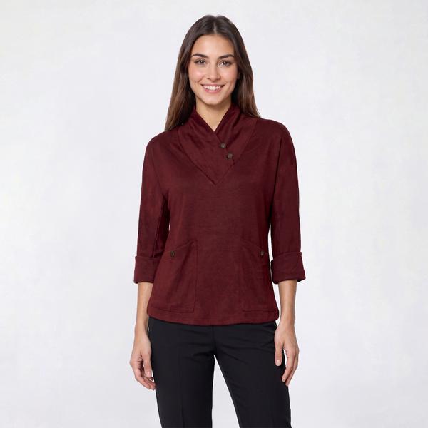 Womens Notations 3/4 Sleeve Solid Button Collar Blouse w/ Pockets