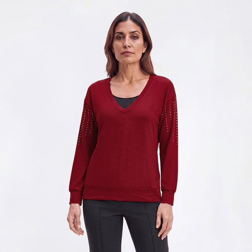 Womens Notations Long Sleeve Rhinestone V-Neck Sweater