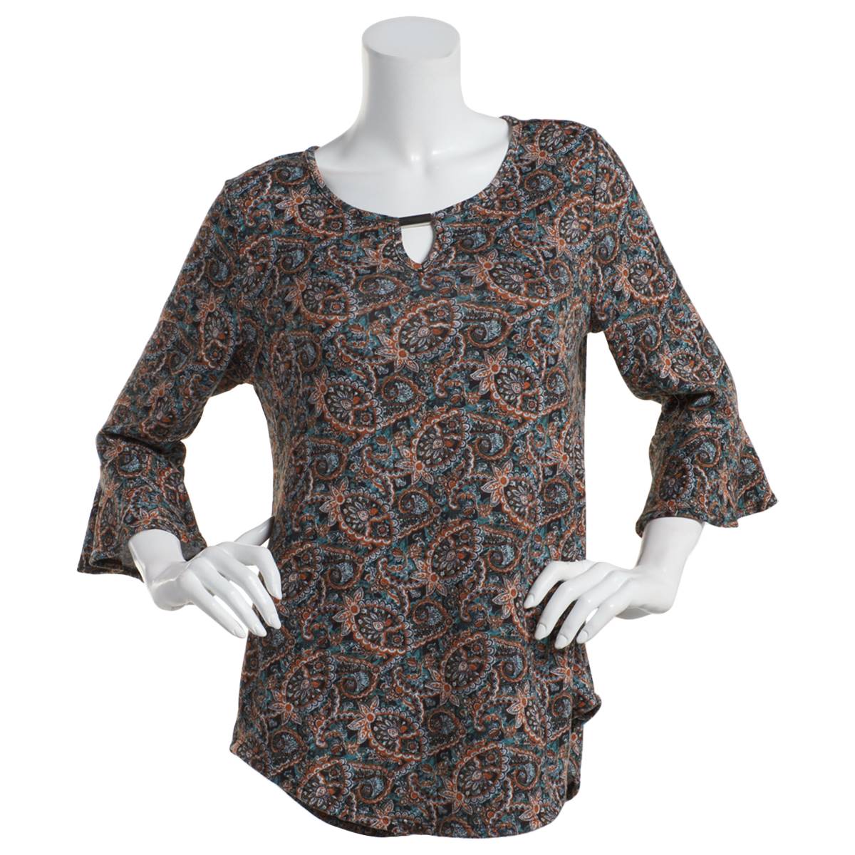 Womens Notations 3/4 Ruffle Sleeve Paisley Hacci Keyhole Blouse