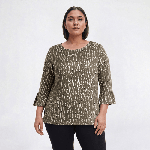Plus Size Notations 3/4 Ruffle Sleeve Dots Hacci Blouse