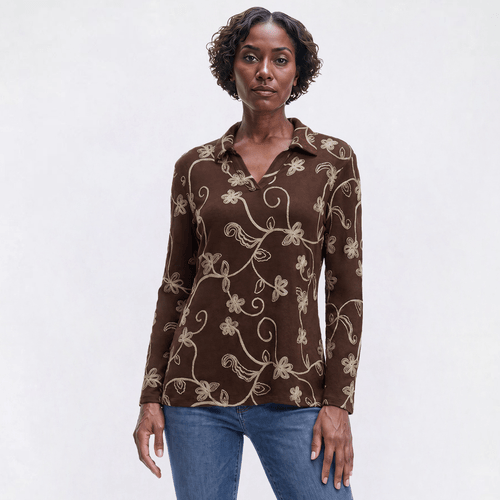 Womens Notations Long Sleeve Embroidered Split Neck Blouse