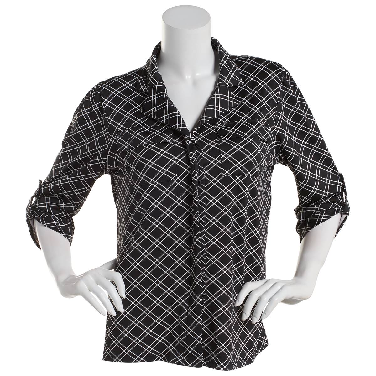 Womens Notations 3/4 Sleeve Plaid Casual Button Down