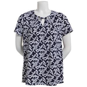 Womens Notations Short Sleeve Grommet Bar Neck Shell Blouse