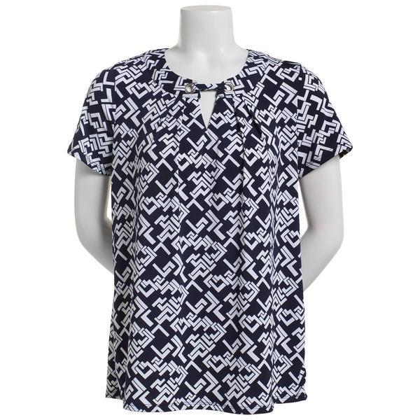 Womens Notations Short Sleeve Grommet Bar Neck Shell Blouse