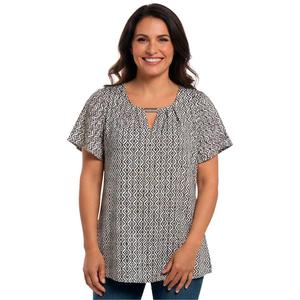 Womens Notations Short Sleeve Geometric Keyhole Neck Blouse