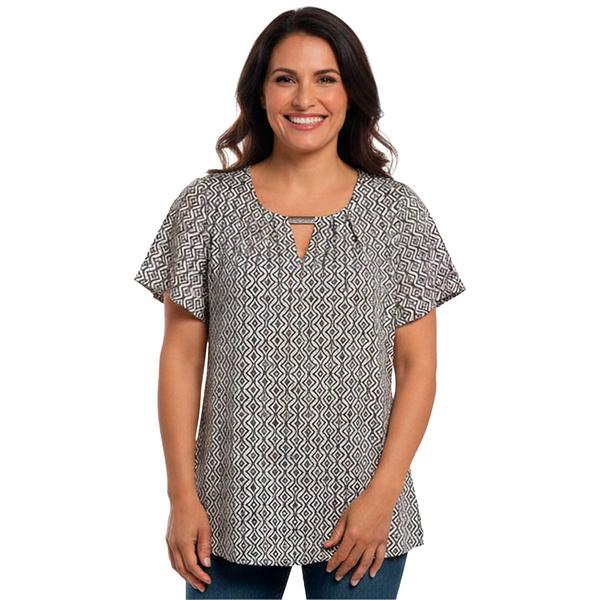 Womens Notations Short Sleeve Geometric Keyhole Neck Blouse