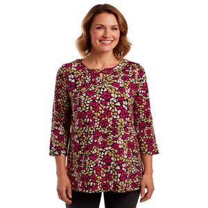 Womens Notations 3/4 Sleeve Abstract Grommet Trim Neck Blouse