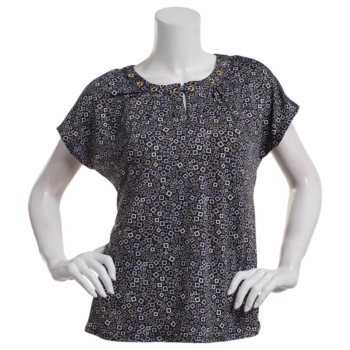 Petite Notations Short Sleeve Grommet Neck Shell Blouse