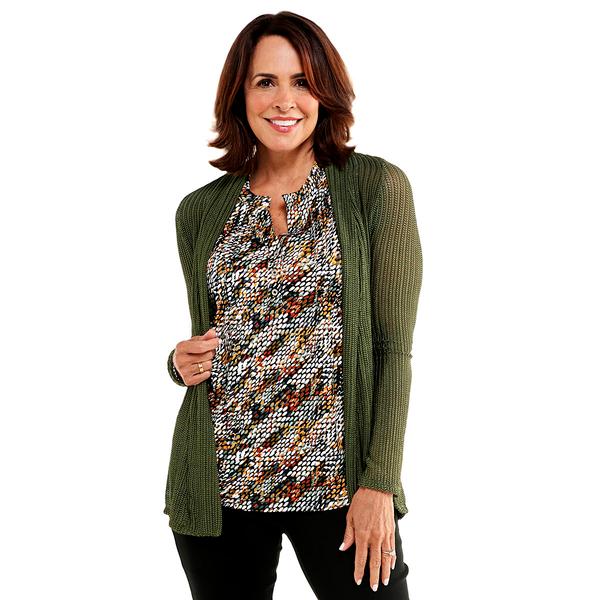 Womens Notations Long Sleeve Solid Perforated Open Cardigan