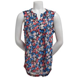Womens Notations Sleeveless Floral Knit Pleated Split Neck Blouse