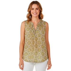 Womens Notations Sleeveless Abstract Pleat Split Neck Blouse