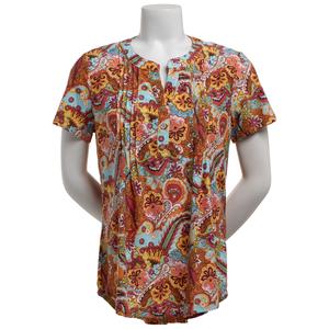 Womens Notations Short Sleeve Abstract Floral Pleated Blouse
