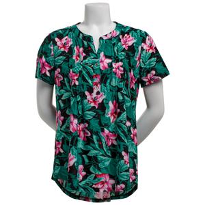 Womens Notations Short Sleeve Floral Leaf Pleated Blouse