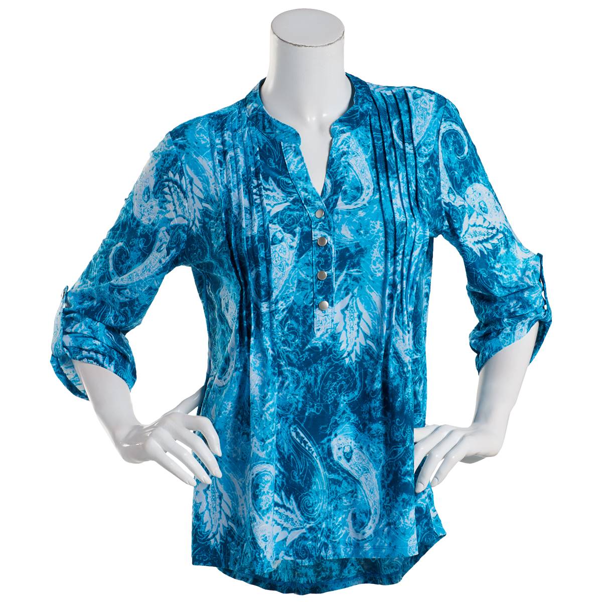 Petite Notations 3/4 Sleeve Paisley Knit Pleat Blouse