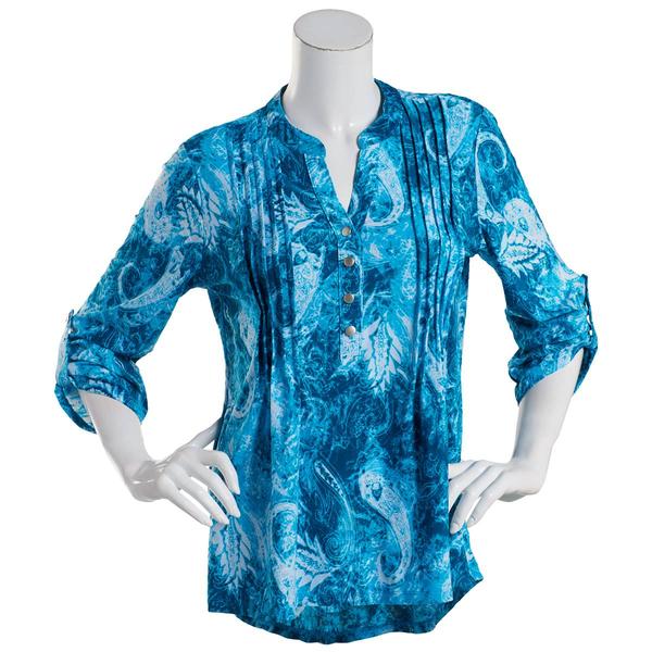 Womens Notations 3/4 Sleeve Paisley Knit Pleat Blouse