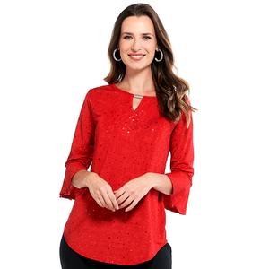 Petite Notations 3/4 Ruffle Sleeve Dot Keyhole Neck Blouse