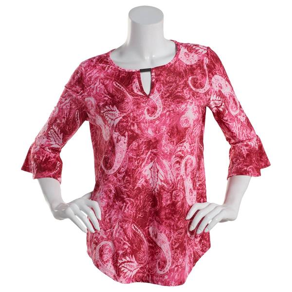 Womens Notations 3/4 Ruffle Sleeve Keyhole Jacquard Blouse