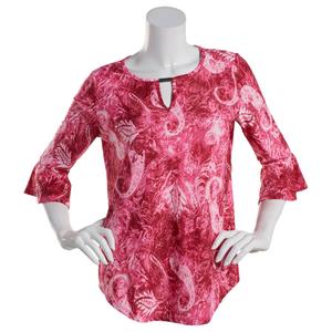 Womens Notations 3/4 Ruffle Sleeve Keyhole Jacquard Blouse