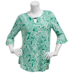Petite Notations 3/4 Ruffle Sleeve Keyhole Neck Paisley Blouse