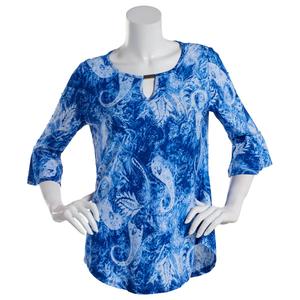 Womens Notations 3/4 Ruffle Sleeve Keyhole Jacquard Blouse