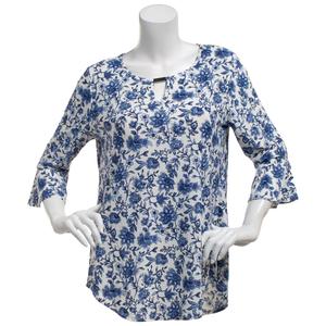 Petite Notations 3/4 Ruffle Sleeve Keyhole Neck Floral Blouse
