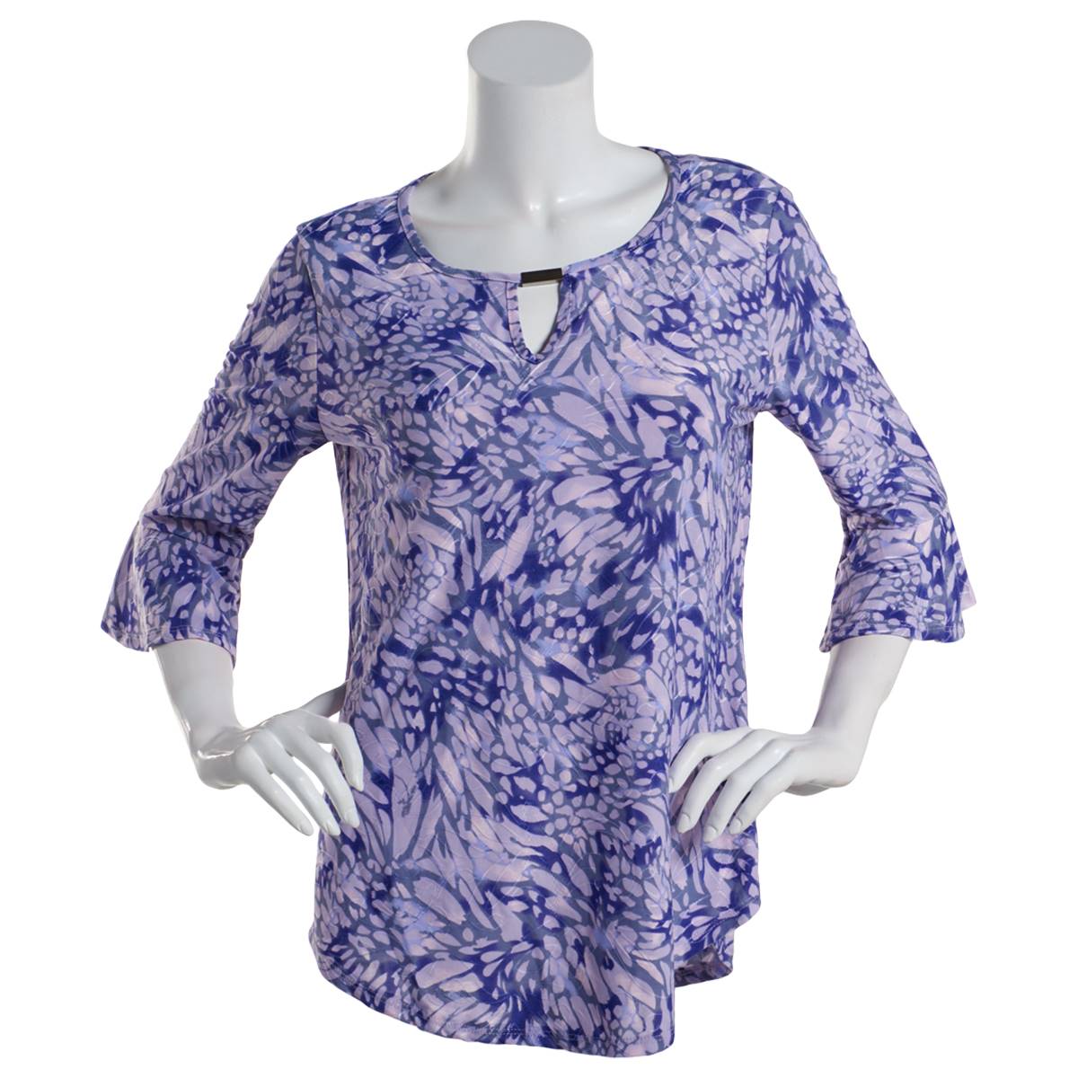 Plus Size Notations 3/4 Ruffle Sleeve Jacquard Keyhole Blouse