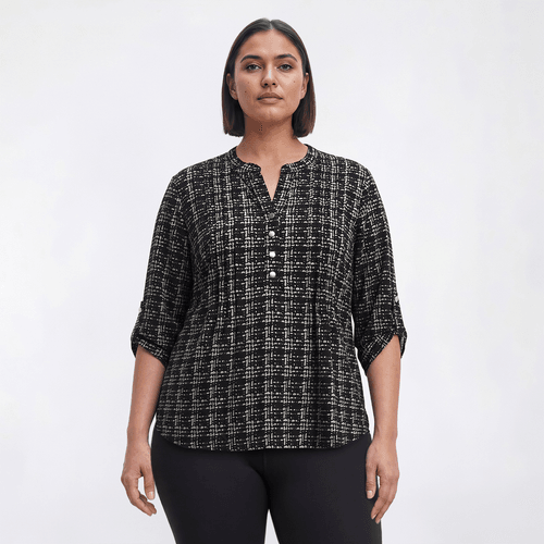 Plus Size Notations 3/4 Sleeve Geometric Pleated Henley Blouse