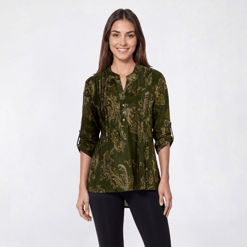 Womens Notations 3/4 Sleeve Paisley Pleated Henley Blouse