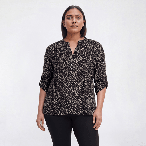 Plus Size Notations 3/4 Sleeve Abstract Pleated Henley Blouse