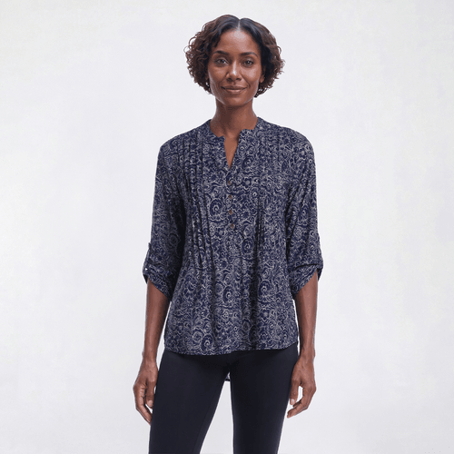 Womens Notations 3/4 Sleeve Floral Paisley Pleated Blouse alternate view