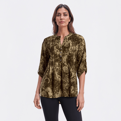 Womens Notations 3/4 Sleeve Roll Tab Pleated Henley Blouse
