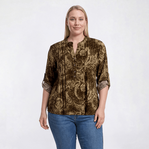 Plus Size Notations 3/4 Sleeve Roll Tab Pleated Henley Blouse