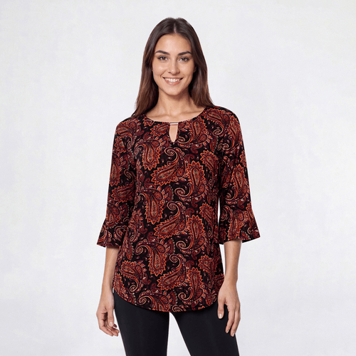 Womens Notations 3/4 Ruffle Sleeve Keyhole Blouse - Rust