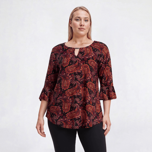 Plus Size Notations 3/4 Ruffle Sleeve Keyhole Blouse - Rust