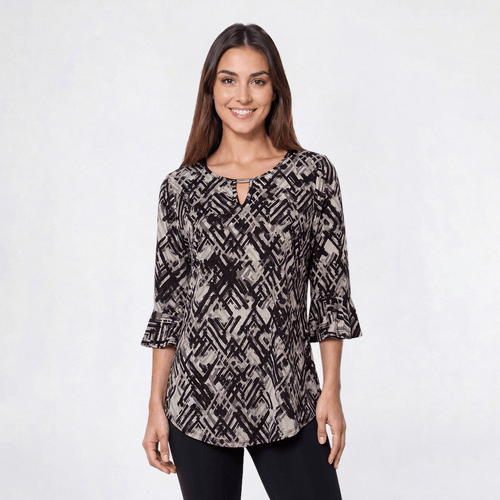 Womens Notations 3/4 Ruffle Sleeve Keyhole Blouse - Neutral