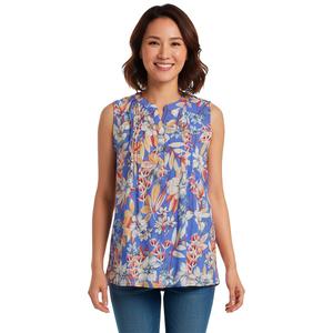 Womens Notations Sleeveless Floral Pleat Button Front Blouse