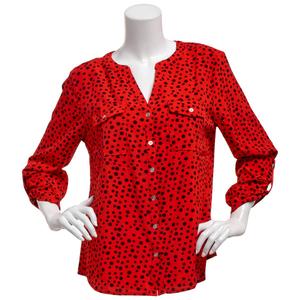 Womens Notations 3/4 Roll Tab Sleeve Dot Split Neck Button Down